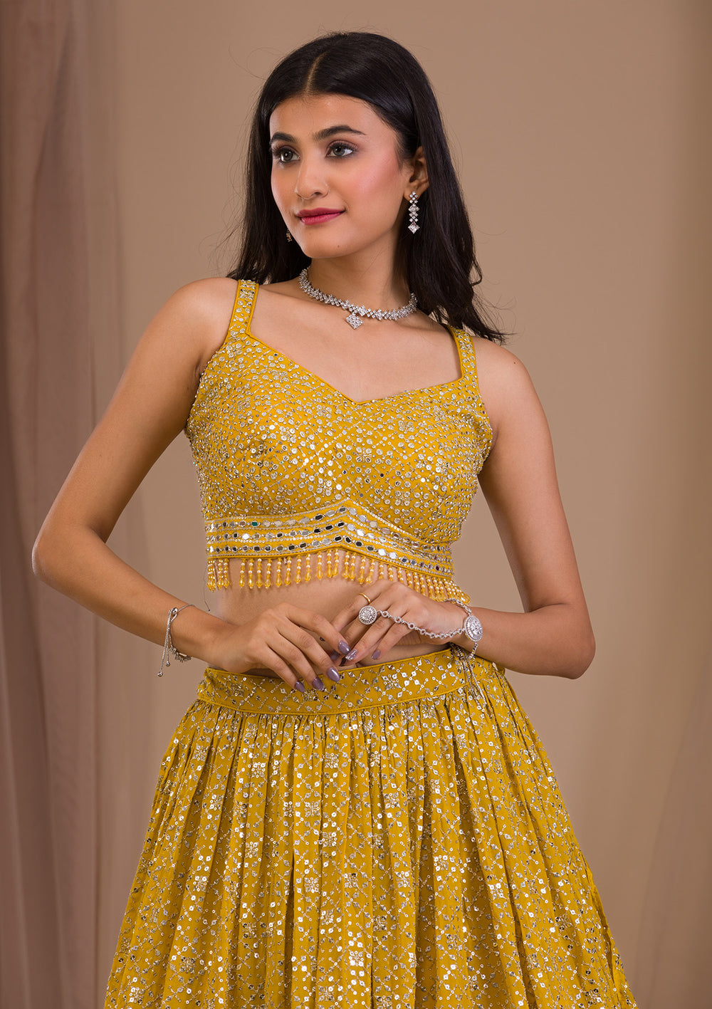 Mustard Sequins Georgette Readymade Lehenga-Koskii
