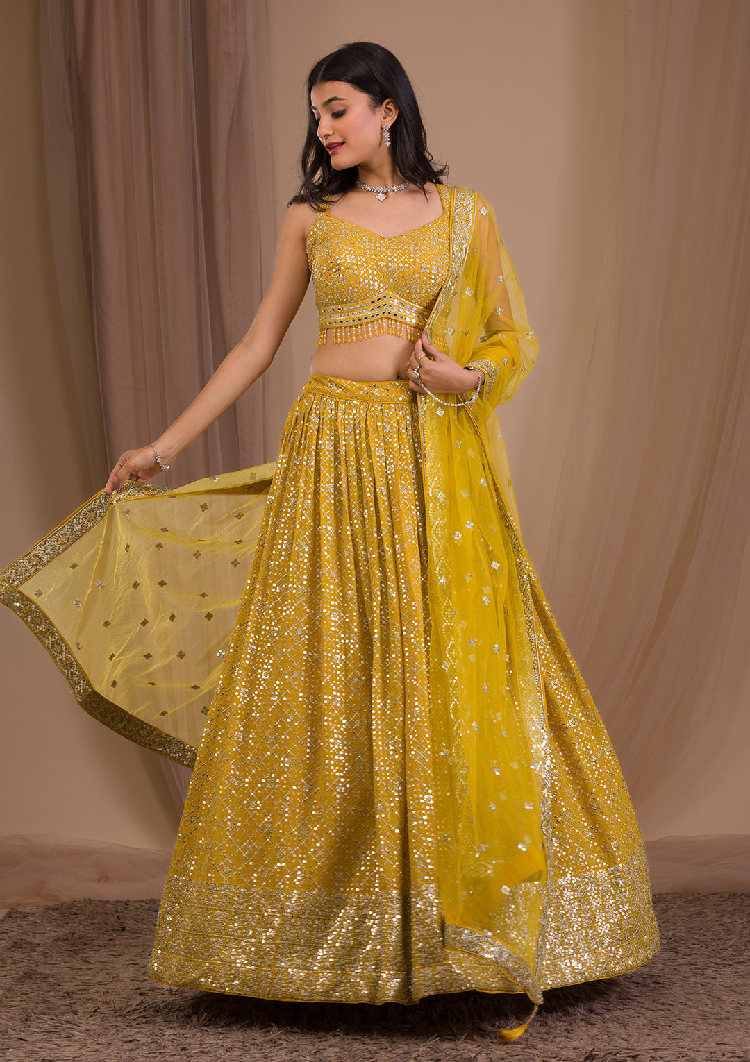 Mustard Sequins Georgette Readymade Lehenga-Koskii