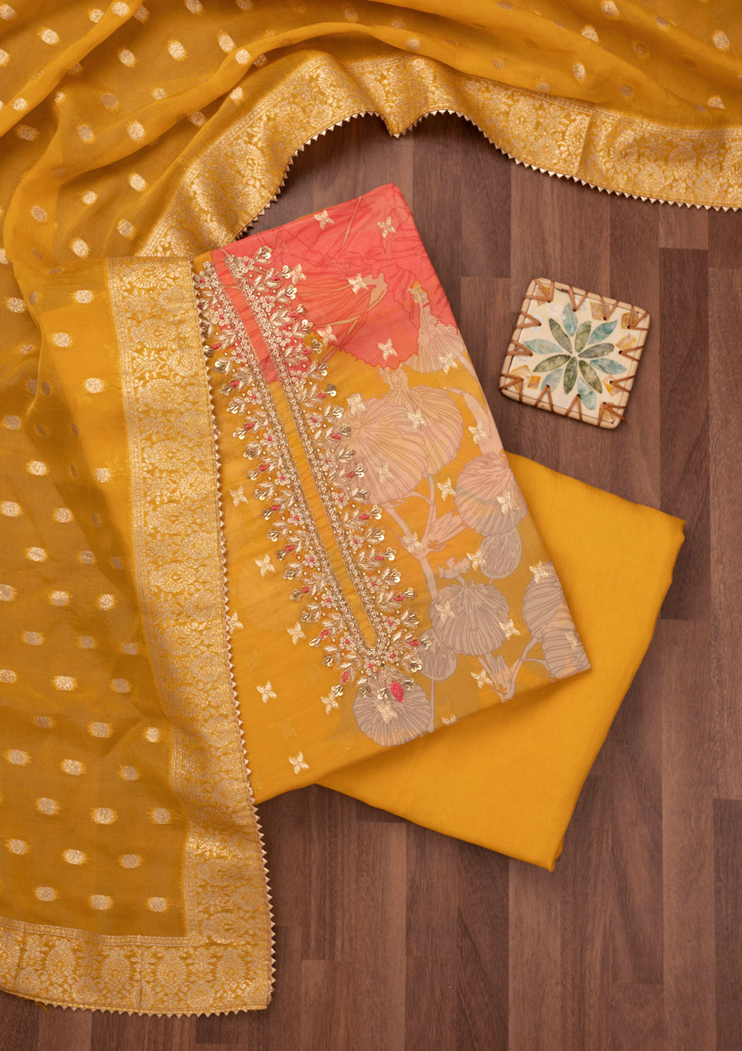 Mustard Sequins Georgette Unstitched Salwar Suit