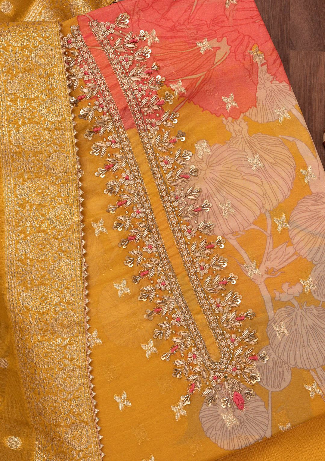 Mustard Sequins Georgette Unstitched Salwar Suit