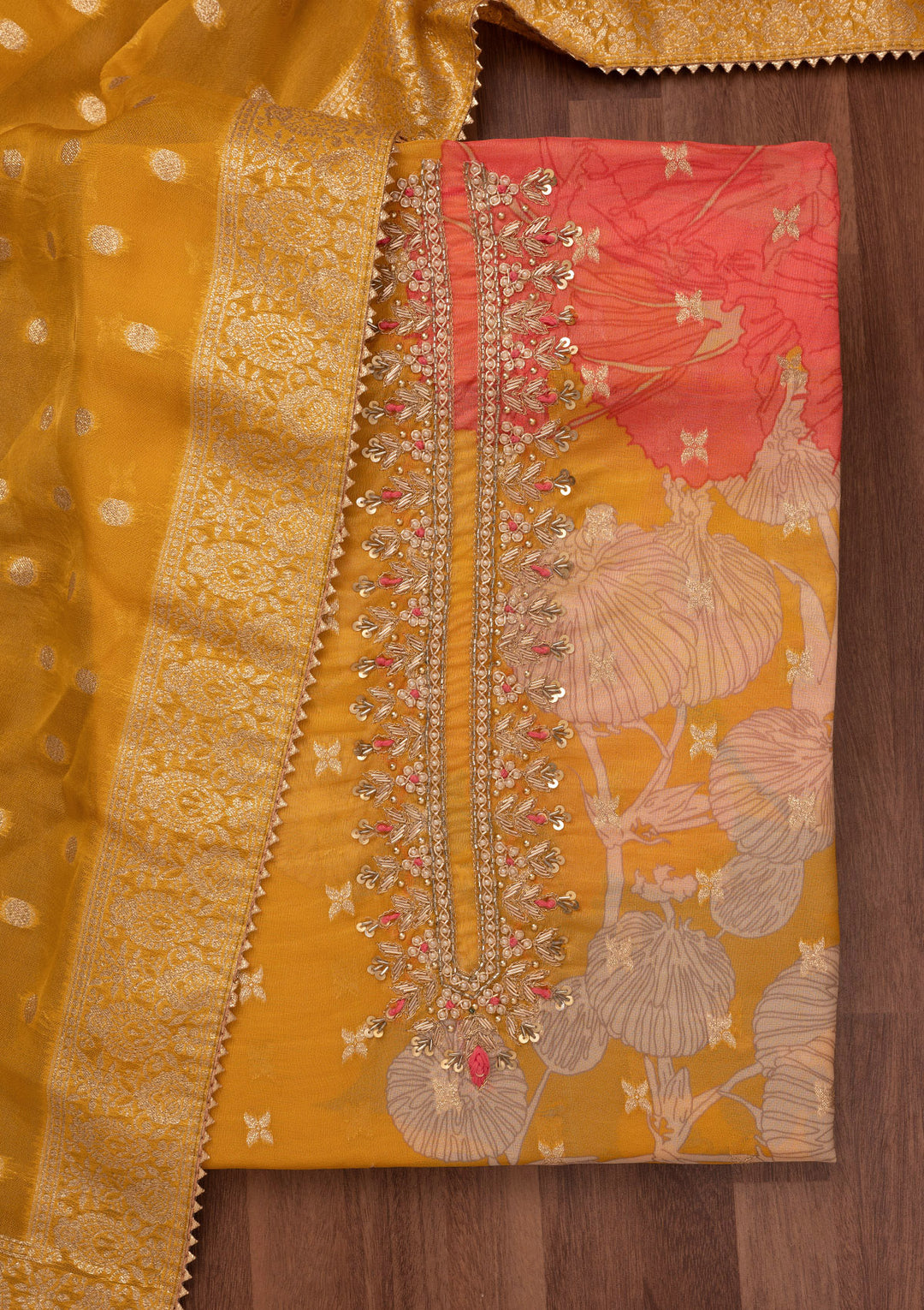Mustard Sequins Georgette Unstitched Salwar Suit