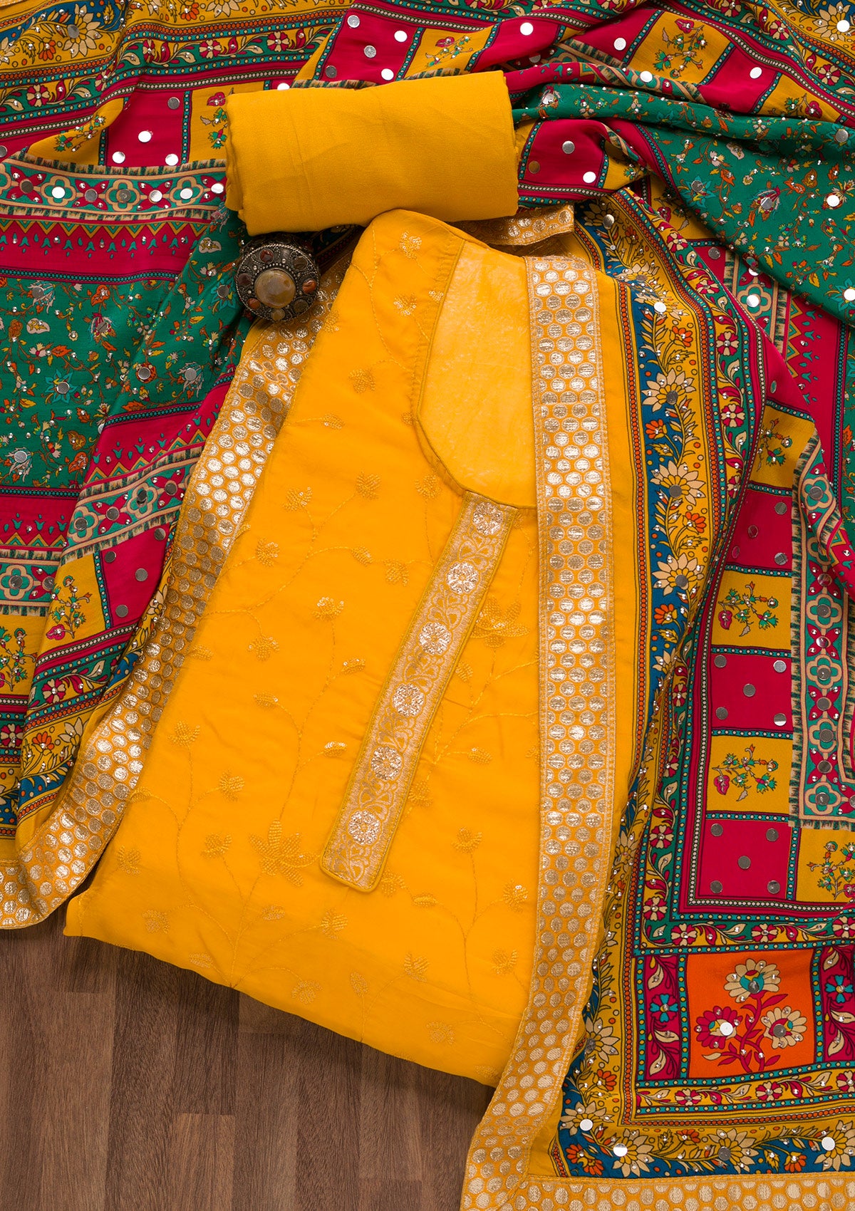 Mustard Sequins Tissue Unstitched Salwar Suit