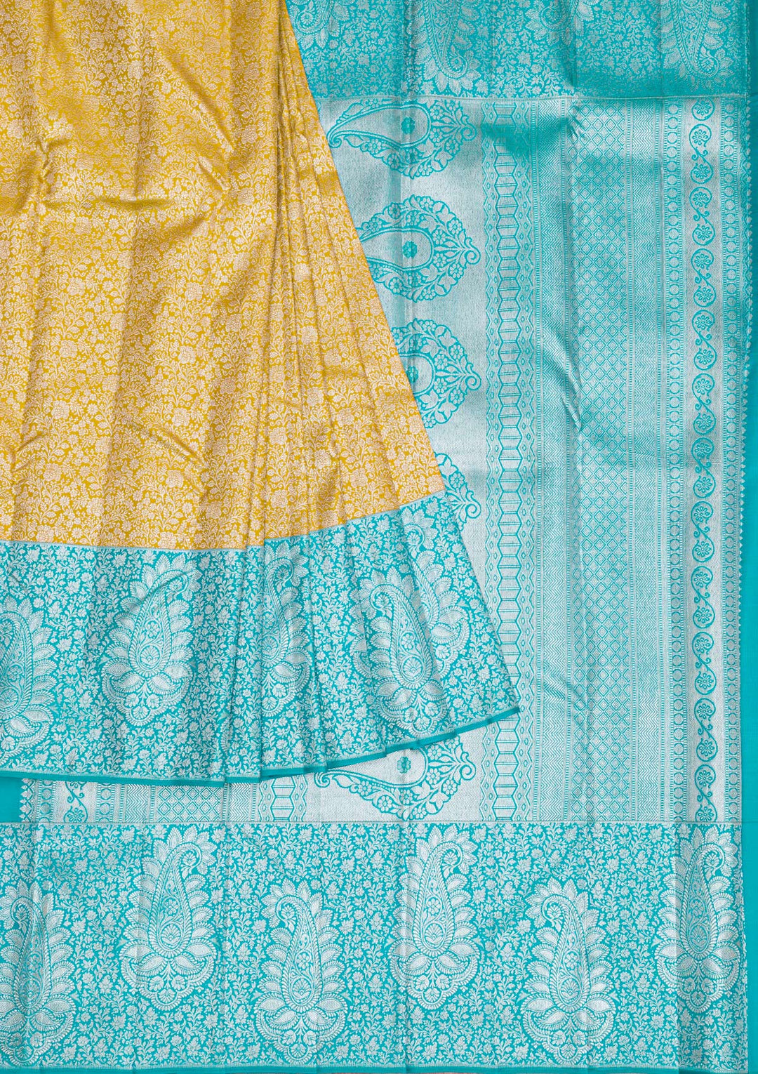 Mustard Silver Zariwork Kanjivaram Pure Silk Saree