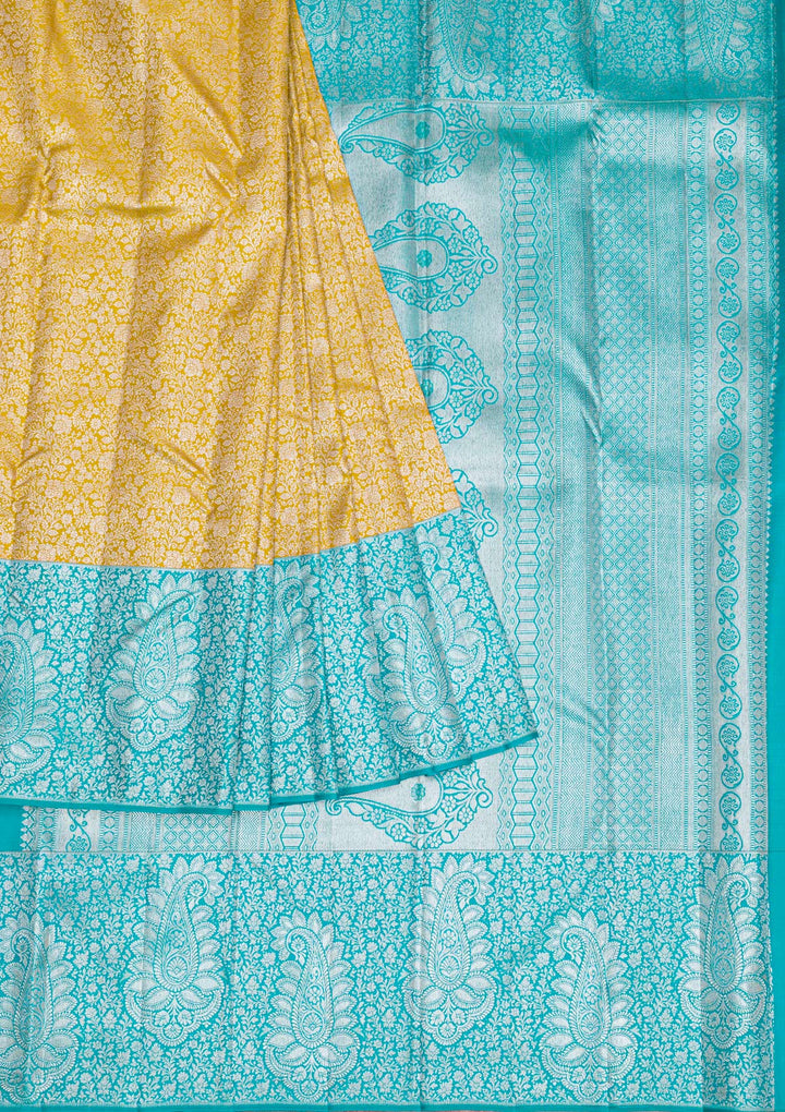 Mustard Silver Zariwork Kanjivaram Pure Silk Saree