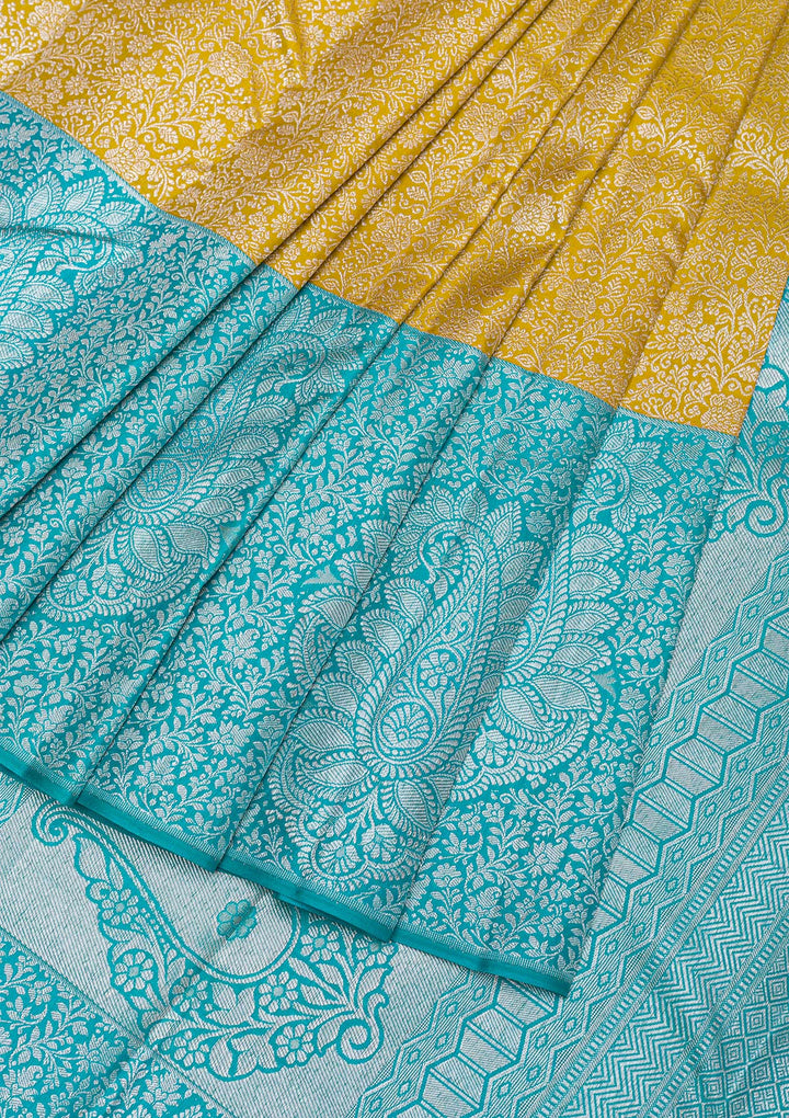 Mustard Silver Zariwork Kanjivaram Pure Silk Saree