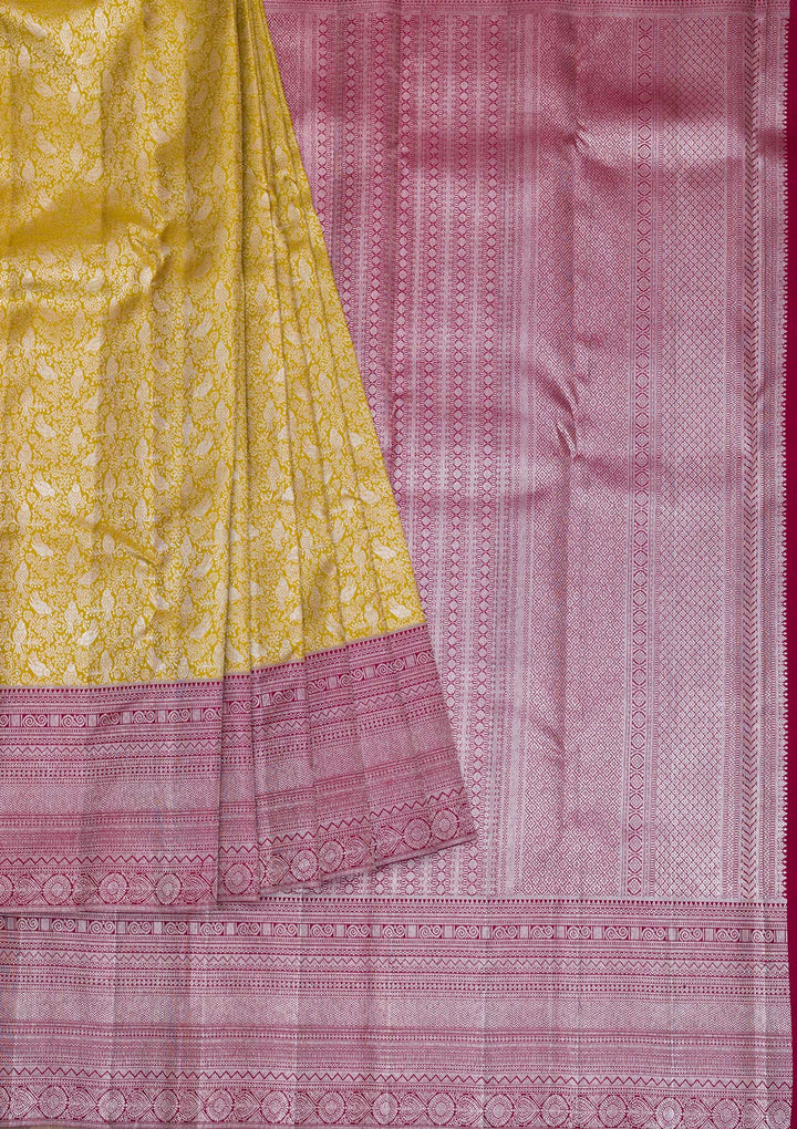 Mustard Silver Zariwork Kanjivaram Pure Silk Saree
