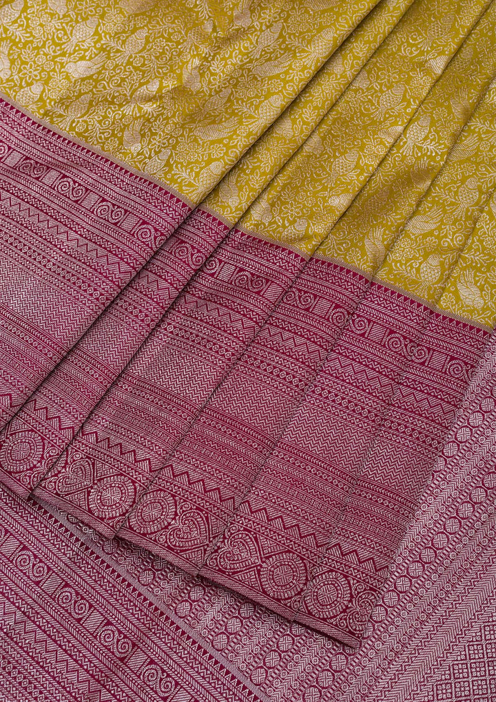 Mustard Silver Zariwork Kanjivaram Pure Silk Saree
