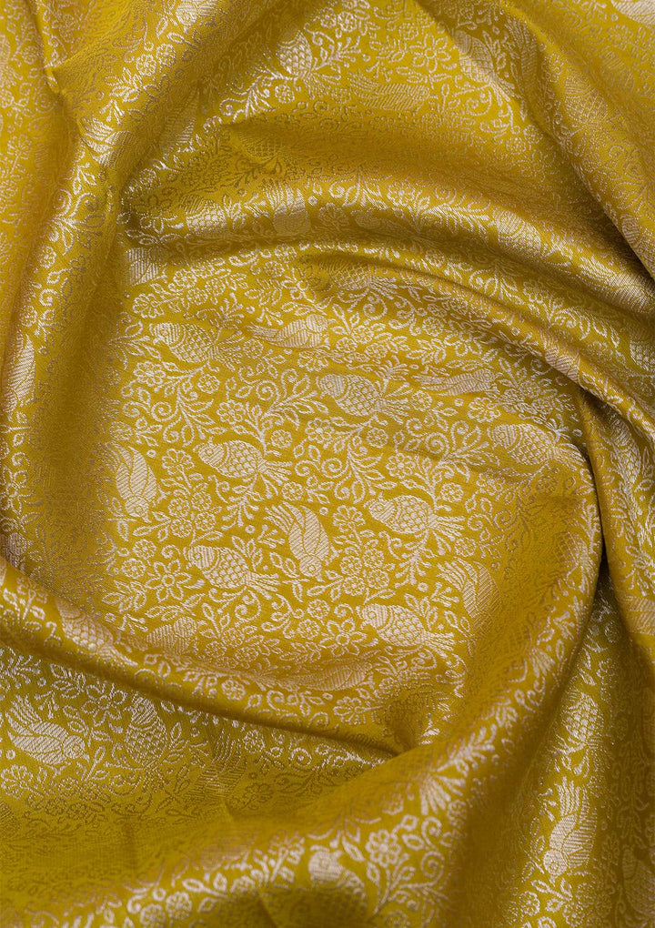 Mustard Silver Zariwork Kanjivaram Pure Silk Saree