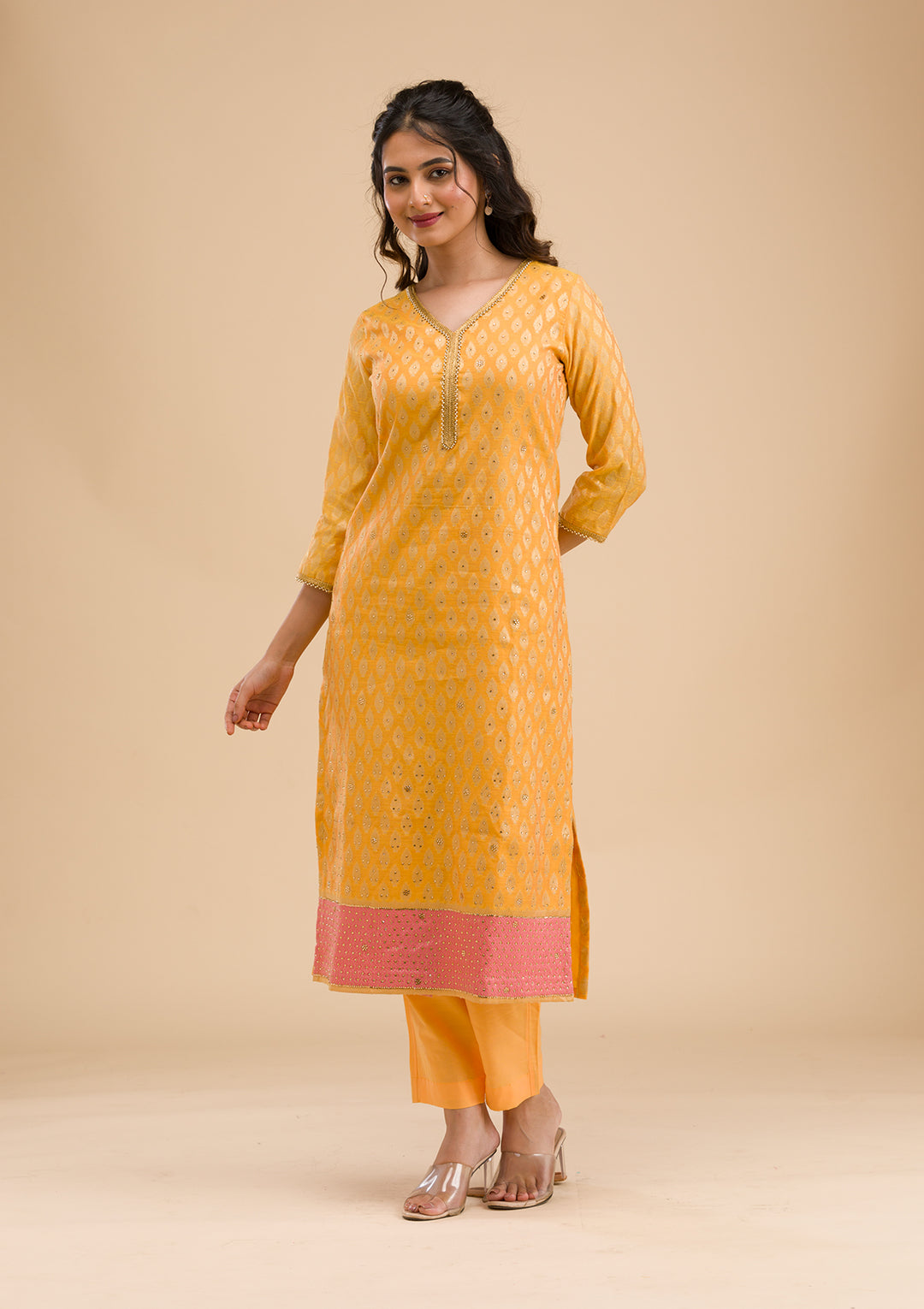 Mustard Stonework Banarasi Readymade Salwar Suit