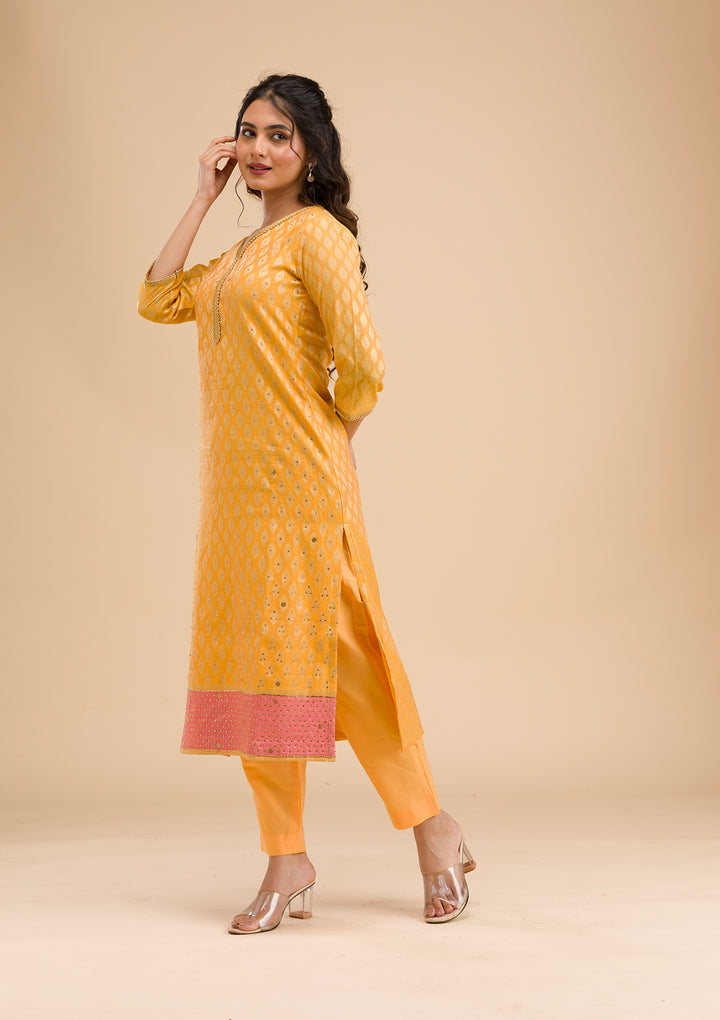 Mustard Stonework Banarasi Readymade Salwar Suit