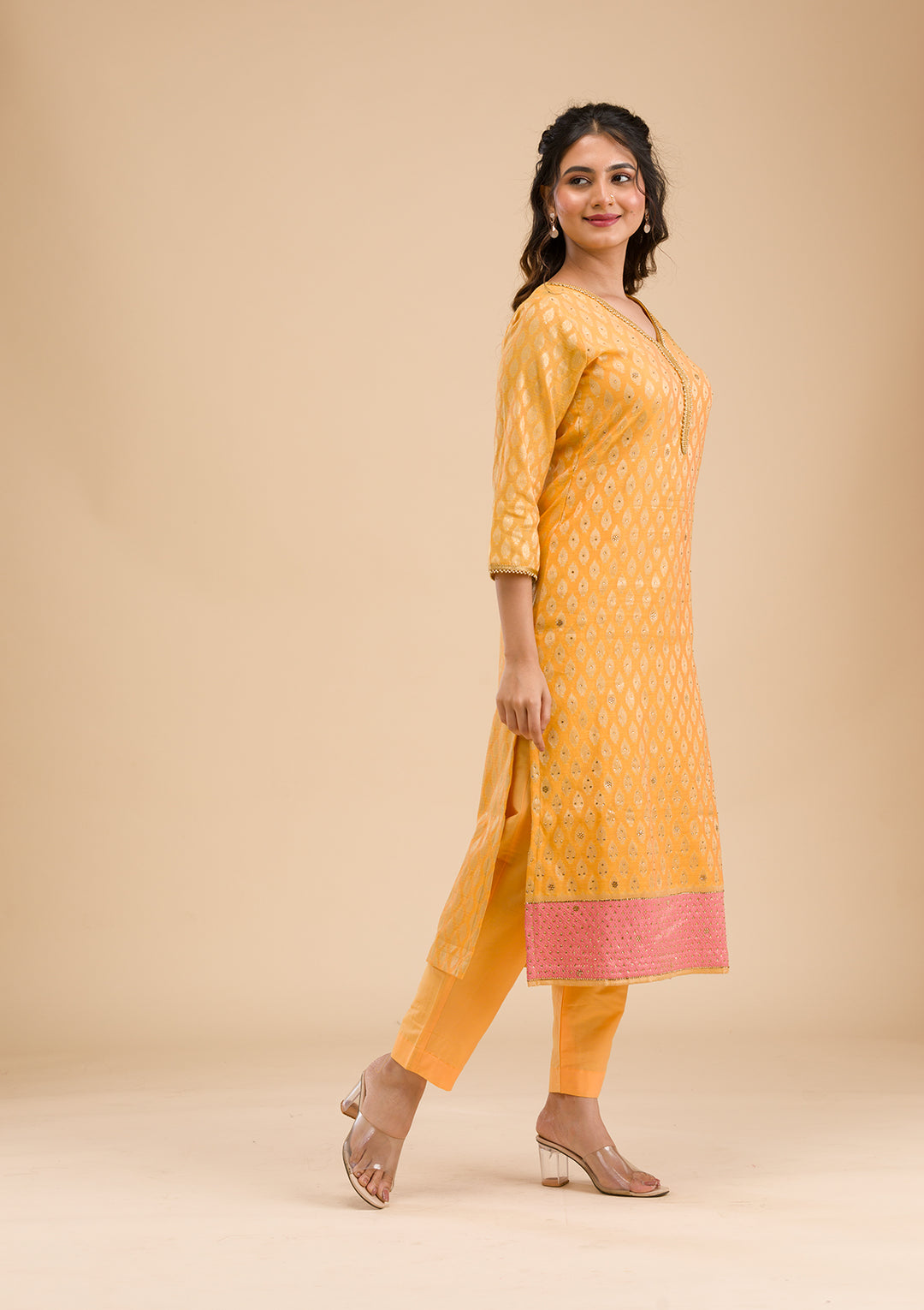 Mustard Stonework Banarasi Readymade Salwar Suit