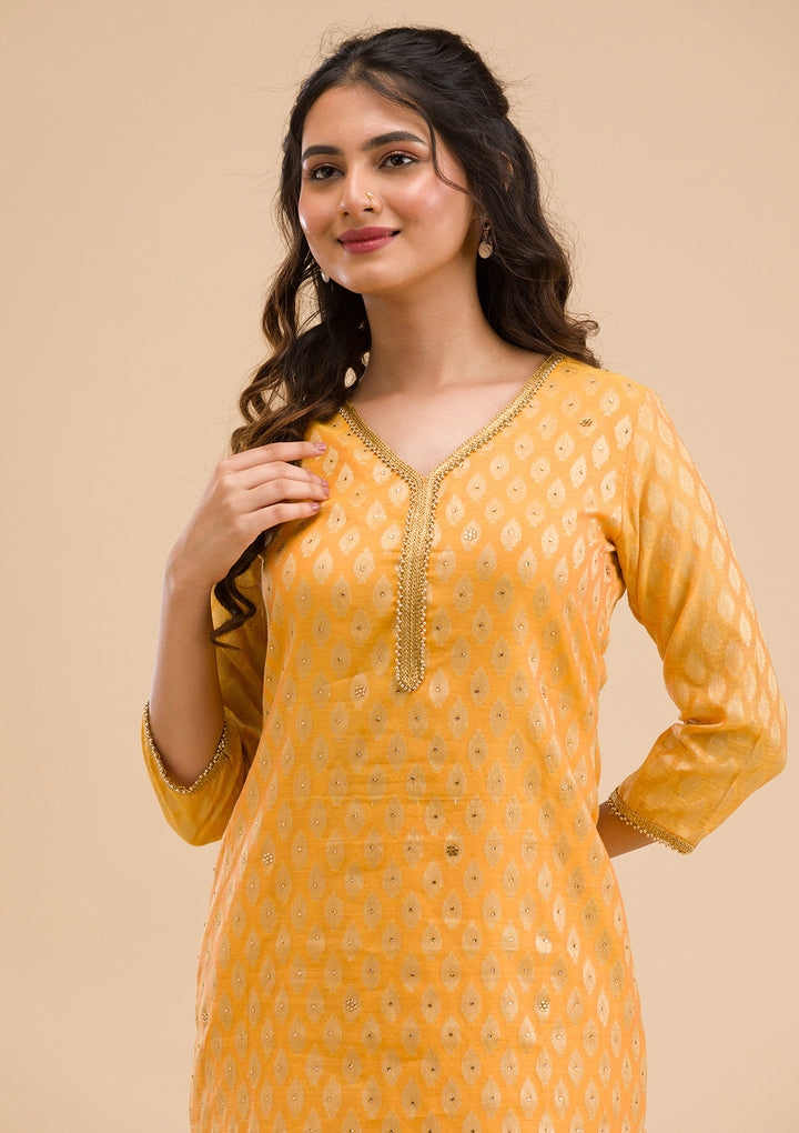 Mustard Stonework Banarasi Readymade Salwar Suit
