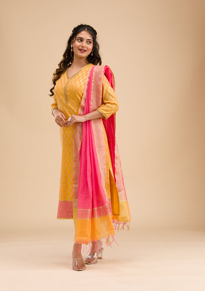 Mustard Stonework Banarasi Readymade Salwar Suit