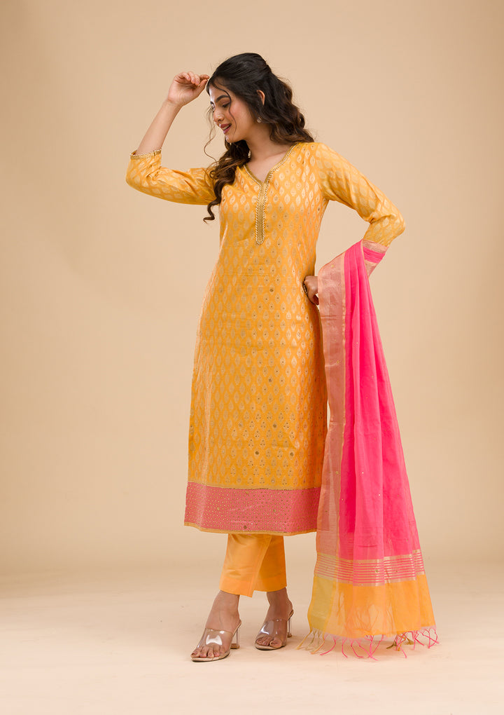 Mustard Stonework Banarasi Readymade Salwar Suit