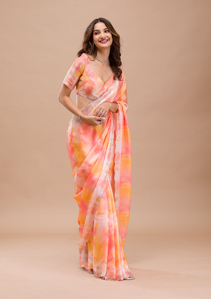 Peach Printed Satin Saree