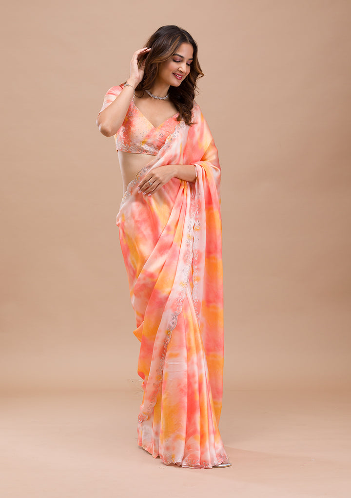 Peach Printed Satin Saree