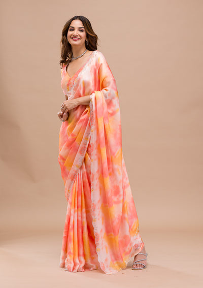 Peach Printed Satin Saree