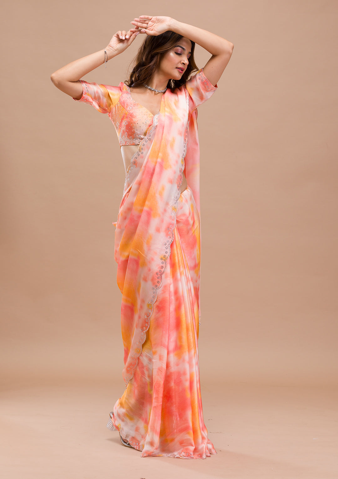 Peach Printed Satin Saree