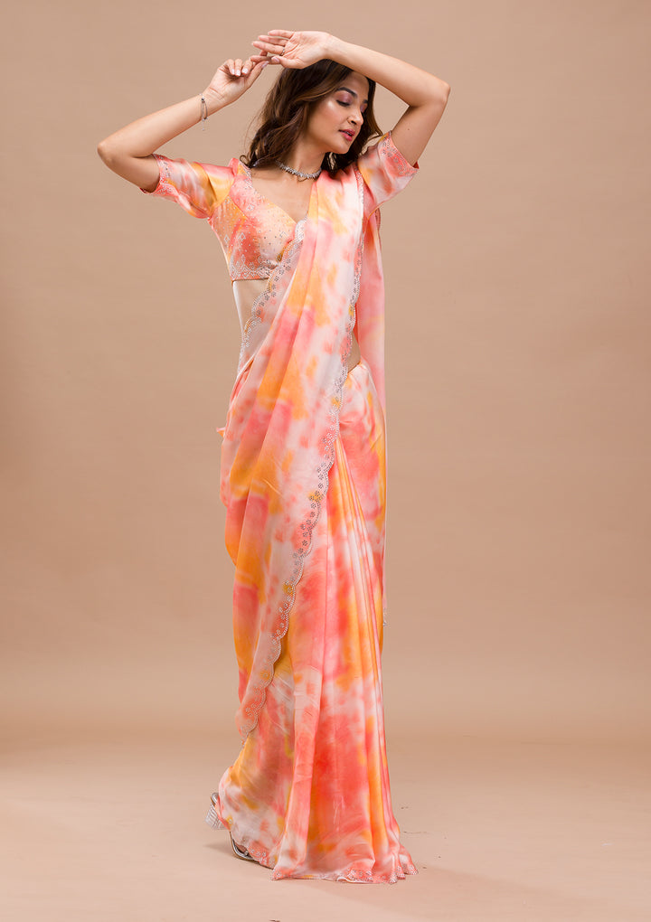 Peach Printed Satin Saree