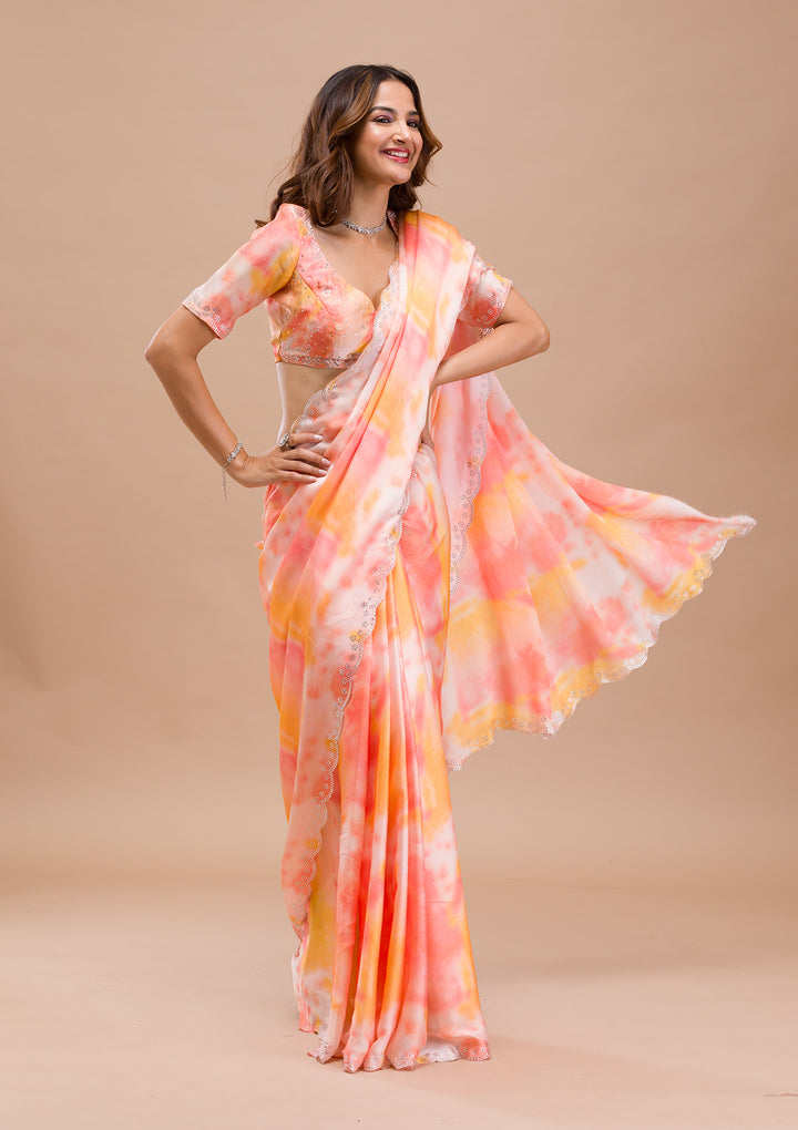 Peach Printed Satin Saree