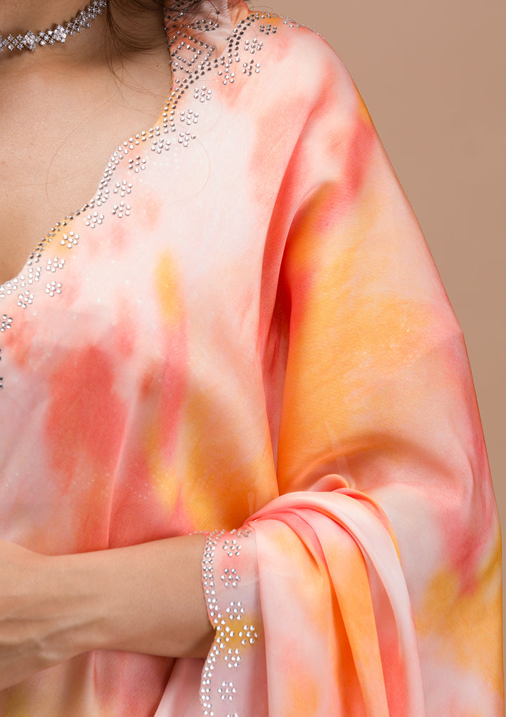 Peach Printed Satin Saree