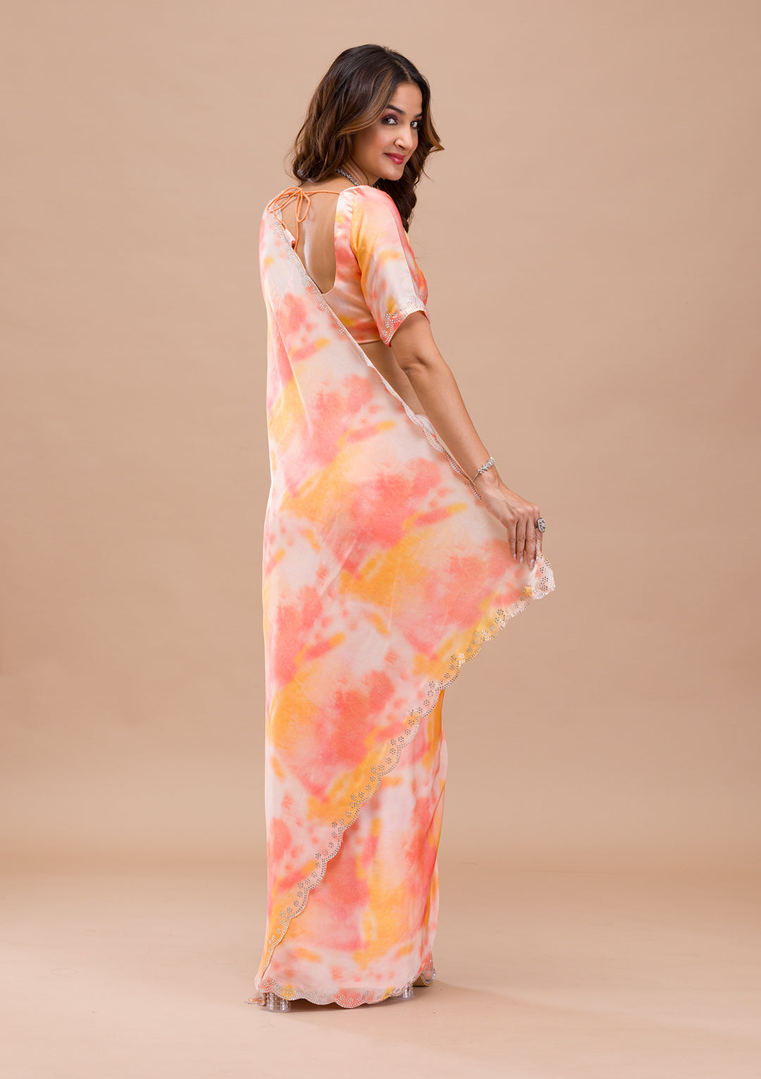 Peach Printed Satin Saree