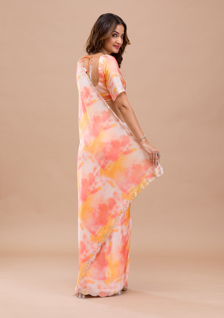 Peach Printed Satin Saree
