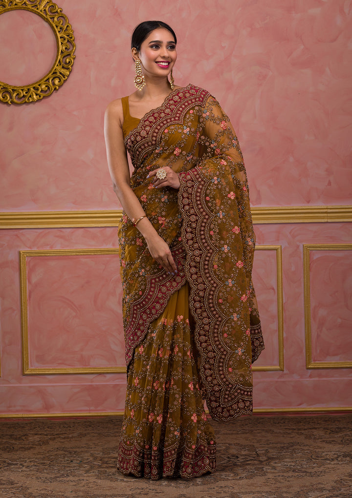 Mustard Stonework Net Saree