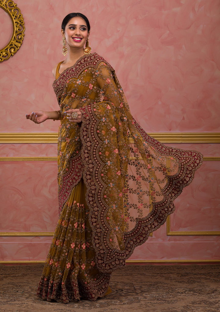 Mustard Stonework Net Saree