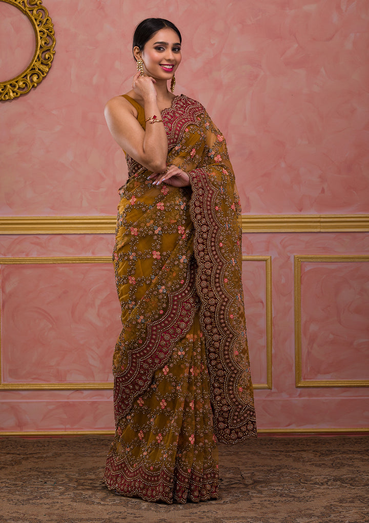 Mustard Stonework Net Saree