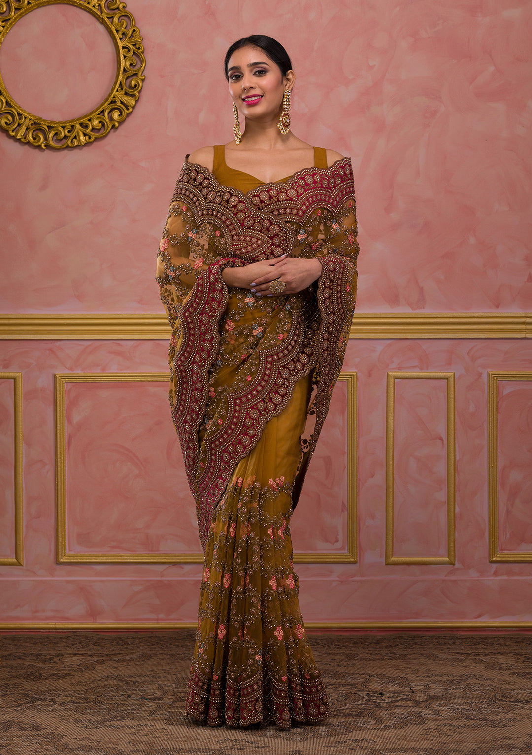 Mustard Stonework Net Saree-Koskii