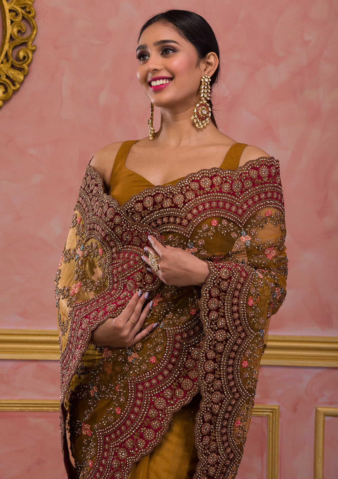 Mustard Stonework Net Saree