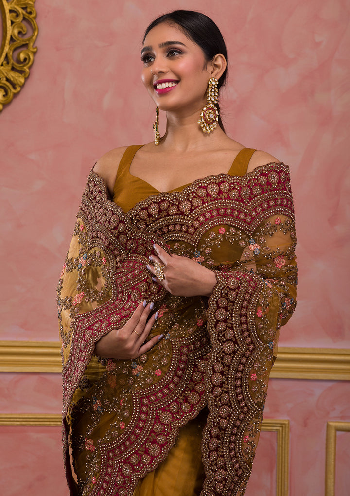 Mustard Stonework Net Saree