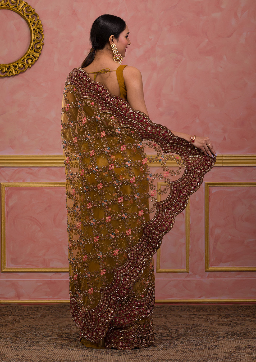 Mustard Stonework Net Saree