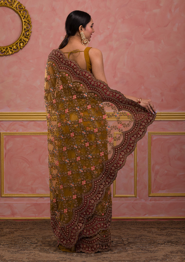 Mustard Stonework Net Saree
