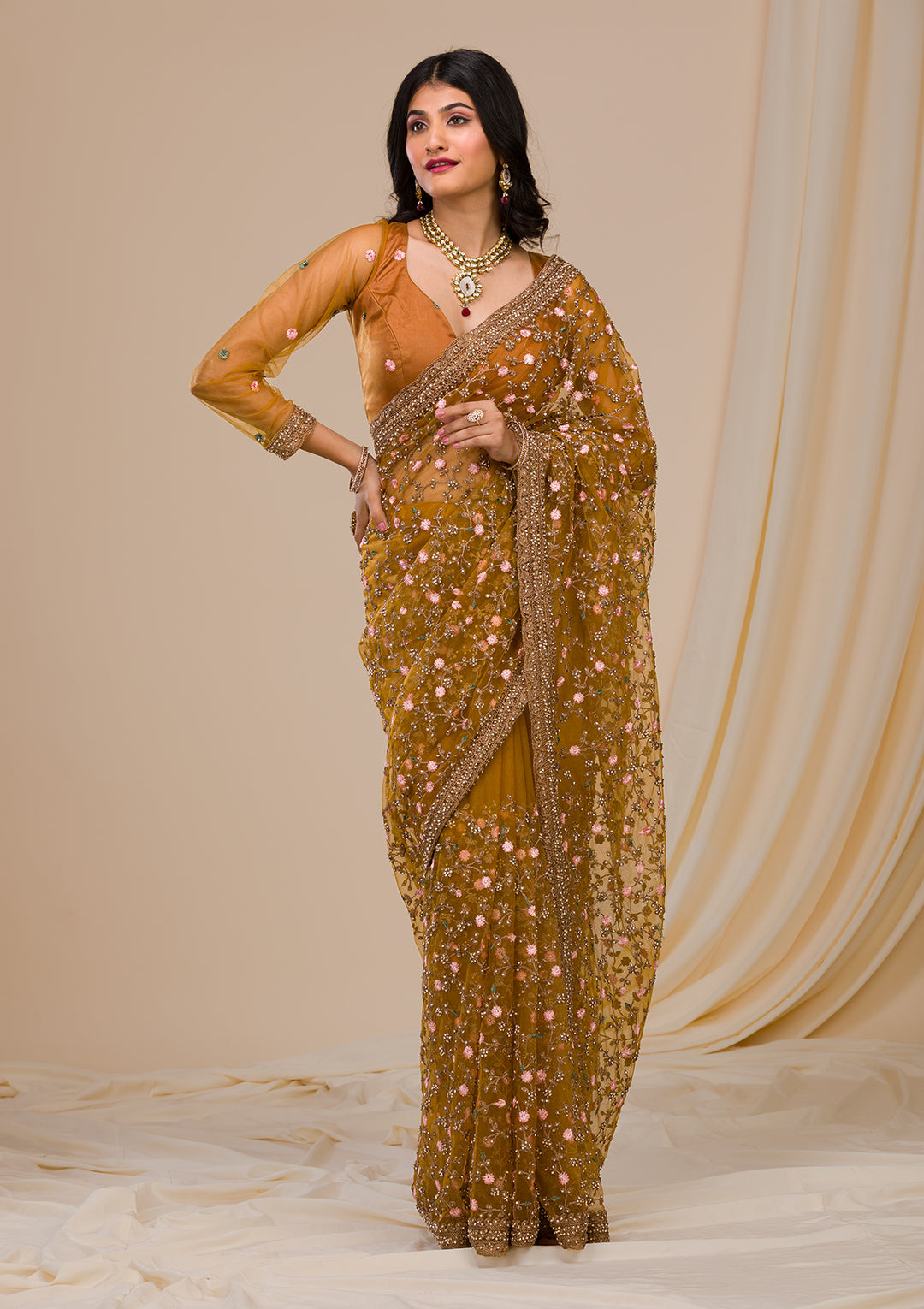Mustard Stonework Net Saree