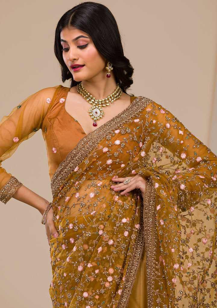 Mustard Stonework Net Saree