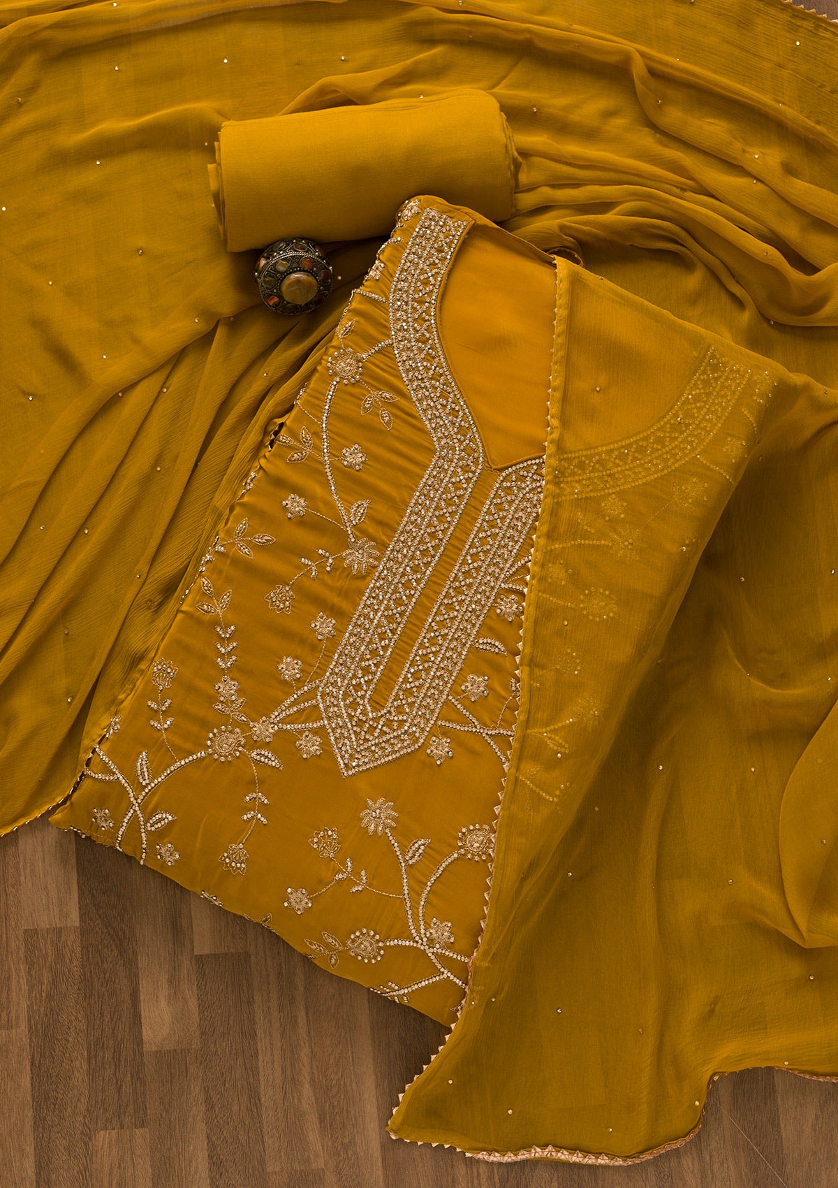 Mustard Stonework Organza Unstitched Salwar Suit-Koskii