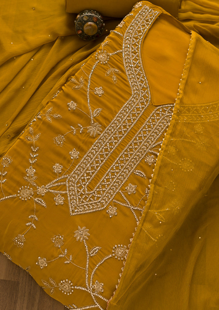 Mustard Stonework Organza Unstitched Salwar Suit-Koskii