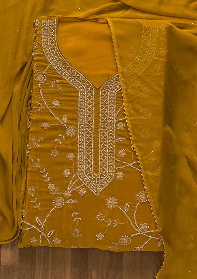 Mustard Stonework Organza Unstitched Salwar Suit-Koskii