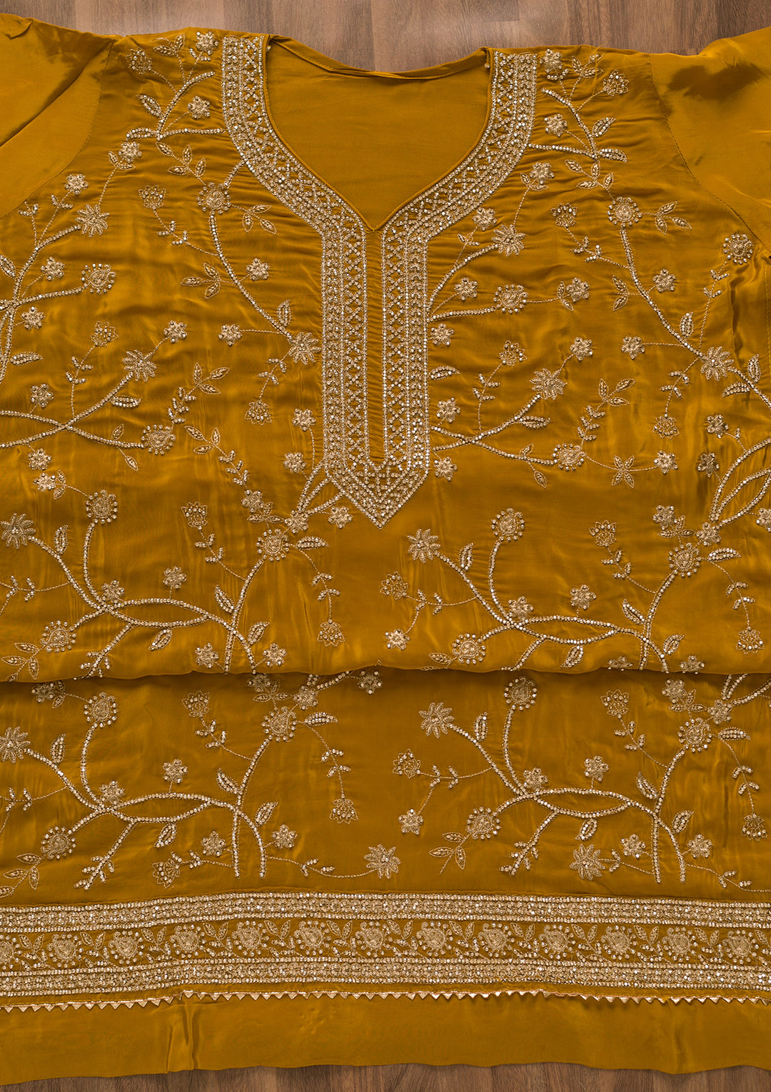 Mustard Stonework Organza Unstitched Salwar Suit-Koskii