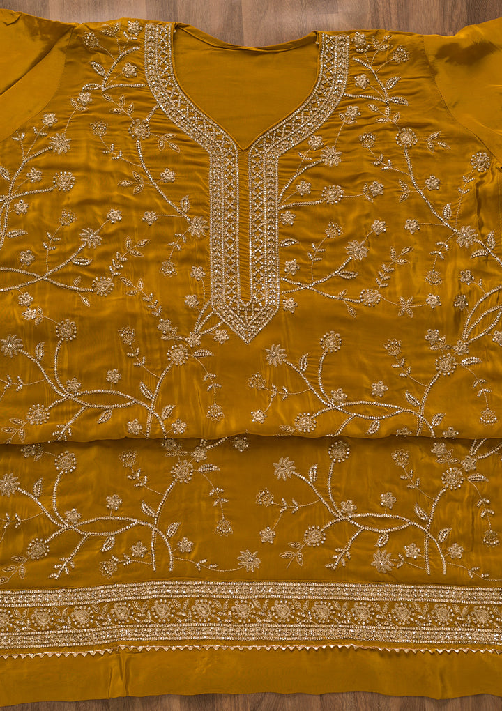 Mustard Stonework Organza Unstitched Salwar Suit-Koskii