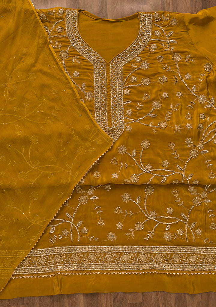 Mustard Stonework Organza Unstitched Salwar Suit-Koskii