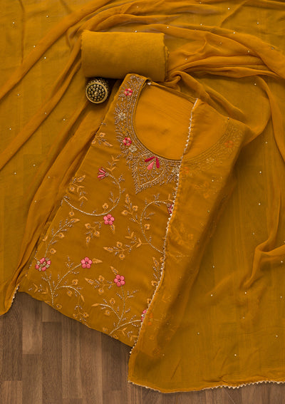 Mustard Stonework Crepe Unstitched Salwar Suit-Koskii