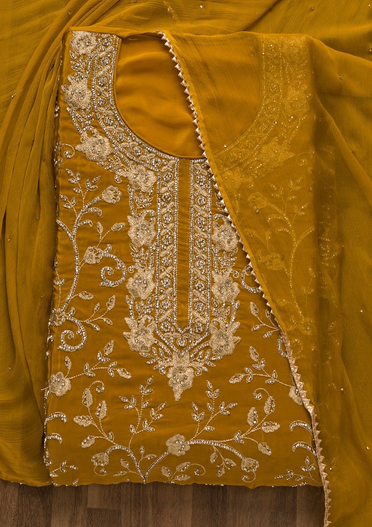 Mustard Stonework Semi Crepe Unstitched Salwar Suit