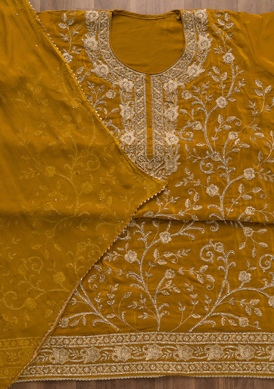 Mustard Stonework Semi Crepe Unstitched Salwar Suit