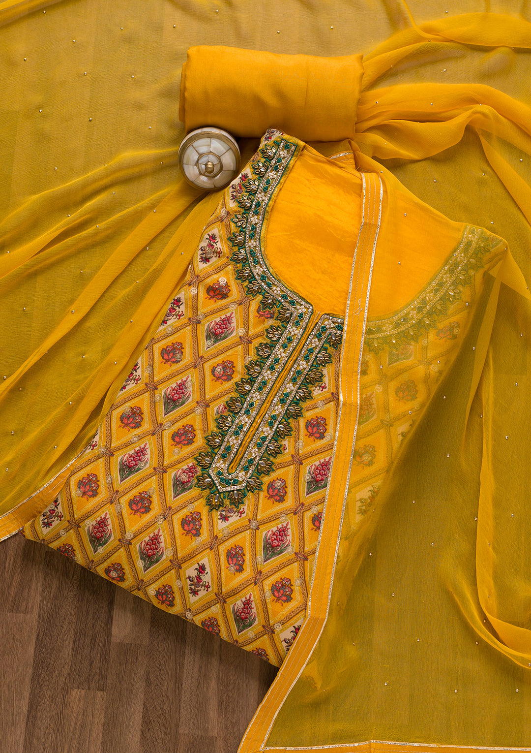 Mustard Stonework Tissue Unstitched Salwar Suit