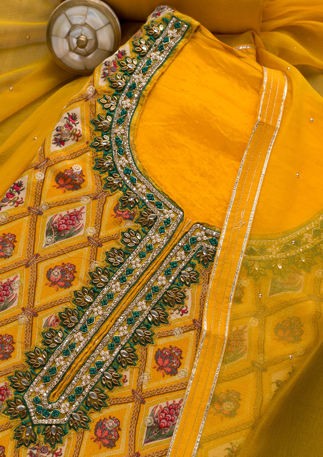 Mustard Stonework Tissue Unstitched Salwar Suit