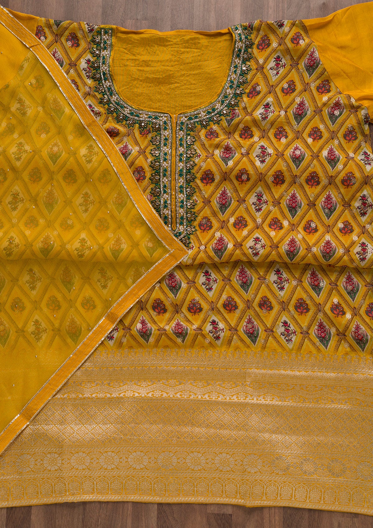 Mustard Stonework Tissue Unstitched Salwar Suit