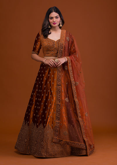 Mustard Stonework Velvet Readymade Lehenga-Koskii